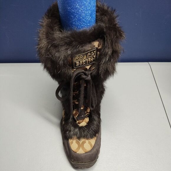 Coach Jennie Signature Winter Boots Womens Sz 9.5 Brown Black Rabbit Fur Lace Up - Picture 7 of 15